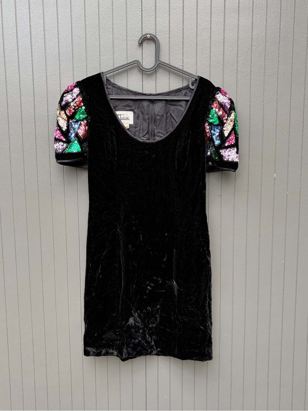 Vintage 90’s Tadashi Velvet Dress with Multicolor Sequin Puff Sleeves